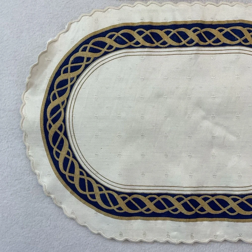 Lenox Hamilton Oval Placemats Cloth Set Of 2 Ivory Gold Navy Blue Vintage Lot #3